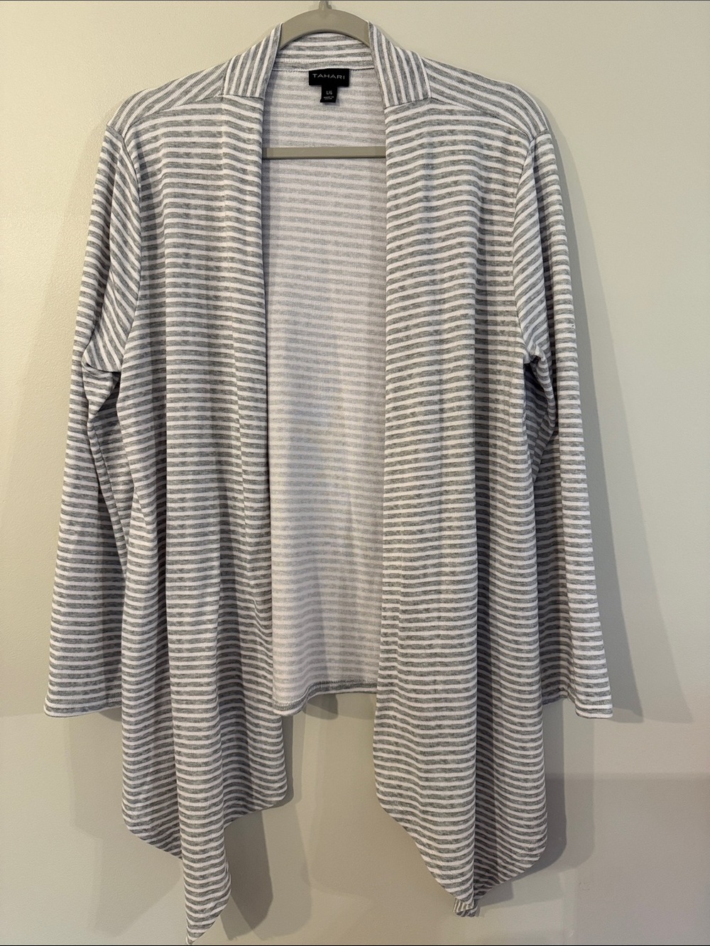 Tahari White and Gray Striped Open-Front Cardigan